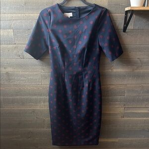 Hobbs Blue and Burgundy Sheath Midi Dress with Raglan Short Sleeves